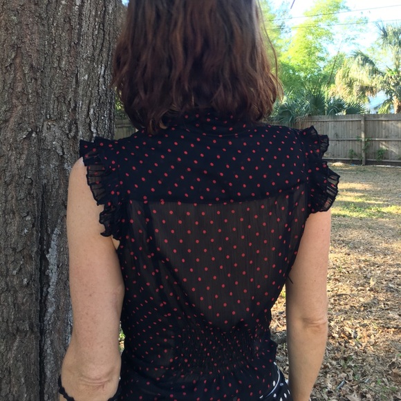 Black with red polka dot shear button up top - Picture 3 of 4